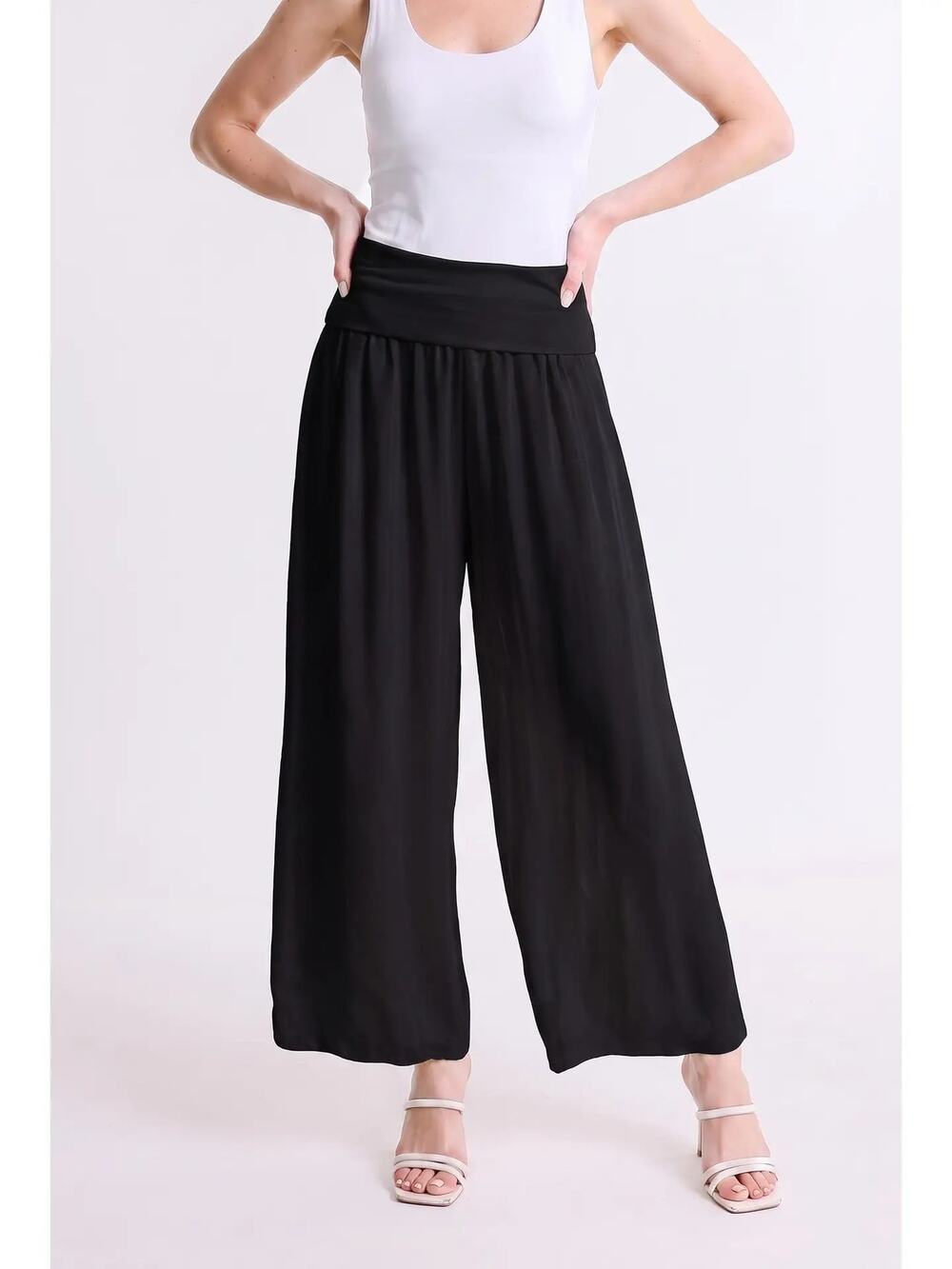 NWT Tina Stephens Mercedes Silk Fold Over Waist Pant Made Italy One Size BLACK